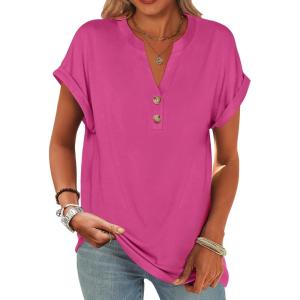 imageANRABESS Womens Short Sleeve Henley Tops V Neck Dressy Casual Loose Fit Shirts Summer Flowy Blouses 2025 Trendy ClothesHot Pink