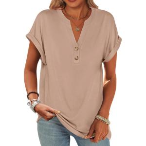 imageANRABESS Womens Short Sleeve Henley Tops V Neck Dressy Casual Loose Fit Shirts Summer Flowy Blouses 2025 Trendy ClothesKhaki