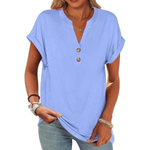 imageANRABESS Womens Short Sleeve Henley Tops V Neck Dressy Casual Loose Fit Shirts Summer Flowy Blouses 2025 Trendy ClothesLight Blue
