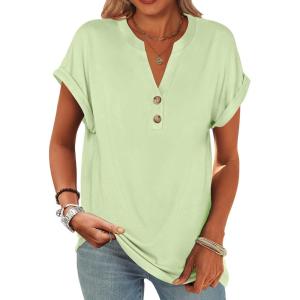 imageANRABESS Womens Short Sleeve Henley Tops V Neck Dressy Casual Loose Fit Shirts Summer Flowy Blouses 2025 Trendy ClothesLight Green