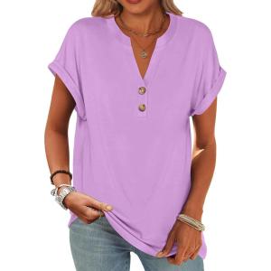 imageANRABESS Womens Short Sleeve Henley Tops V Neck Dressy Casual Loose Fit Shirts Summer Flowy Blouses 2025 Trendy ClothesLight Purple