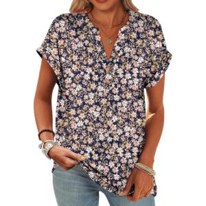 imageANRABESS Womens Short Sleeve Henley Tops V Neck Dressy Casual Loose Fit Shirts Summer Flowy Blouses 2025 Trendy ClothesNavy Blue Pink Floral