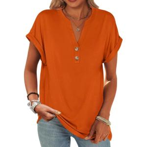 imageANRABESS Womens Short Sleeve Henley Tops V Neck Dressy Casual Loose Fit Shirts Summer Flowy Blouses 2025 Trendy ClothesOrange