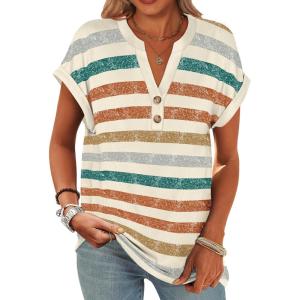 imageANRABESS Womens Short Sleeve Henley Tops V Neck Dressy Casual Loose Fit Shirts Summer Flowy Blouses 2025 Trendy ClothesOrange Lake Strip