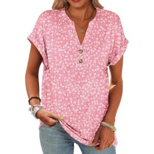 imageANRABESS Womens Short Sleeve Henley Tops V Neck Dressy Casual Loose Fit Shirts Summer Flowy Blouses 2025 Trendy ClothesPink White Floral