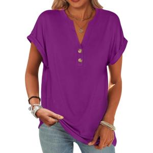 imageANRABESS Womens Short Sleeve Henley Tops V Neck Dressy Casual Loose Fit Shirts Summer Flowy Blouses 2025 Trendy ClothesPurple