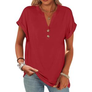 imageANRABESS Womens Short Sleeve Henley Tops V Neck Dressy Casual Loose Fit Shirts Summer Flowy Blouses 2025 Trendy ClothesRed