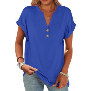 imageANRABESS Womens Short Sleeve Henley Tops V Neck Dressy Casual Loose Fit Shirts Summer Flowy Blouses 2025 Trendy ClothesRoyal Blue