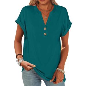 imageANRABESS Womens Short Sleeve Henley Tops V Neck Dressy Casual Loose Fit Shirts Summer Flowy Blouses 2025 Trendy ClothesTeal