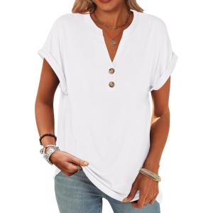 imageANRABESS Womens Short Sleeve Henley Tops V Neck Dressy Casual Loose Fit Shirts Summer Flowy Blouses 2025 Trendy ClothesWhite