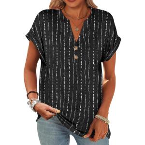imageANRABESS Womens Short Sleeve Henley Tops V Neck Dressy Casual Loose Fit Shirts Summer Flowy Blouses 2025 Trendy ClothesWhite Black Strip