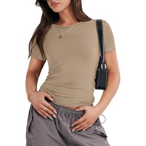 imageANRABESS Womens Short Sleeve Summer T Shirts Crew Neck Slim Fit Basic Tees 2025 Crop Tops Y2k Clothes OutfitsKhaki