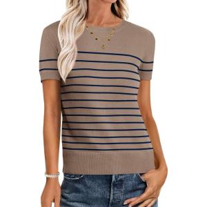 imageANRABESS Womens Short Sleeve Sweaters Wool Blend Crew Neck Sweater Shirts Business Casual Work Tops 2025 Summer OutfitsDeep Khaki Navy Blue Stripe