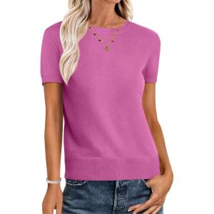imageANRABESS Womens Short Sleeve Sweaters Wool Blend Crew Neck Sweater Shirts Business Casual Work Tops 2025 Summer OutfitsDeep Pink