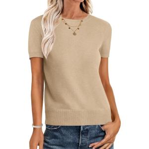 imageANRABESS Womens Short Sleeve Sweaters Wool Blend Crew Neck Sweater Shirts Business Casual Work Tops 2025 Summer OutfitsSand Khaki
