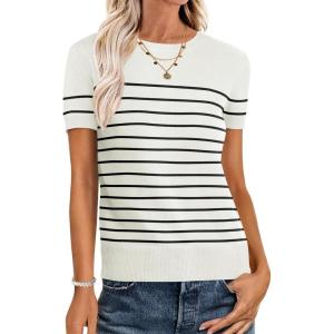 imageANRABESS Womens Short Sleeve Sweaters Wool Blend Crew Neck Sweater Shirts Business Casual Work Tops 2025 Summer OutfitsWhite Black Stripe