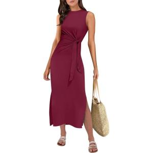 imageANRABESS Womens Summer Casual Sleeveless T Shirt Midi Dress Slim Fit Tie Waist Split Tank Long Dresses 2025 Vacation SundressBurgundy