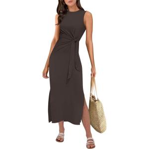 imageANRABESS Womens Summer Casual Sleeveless T Shirt Midi Dress Slim Fit Tie Waist Split Tank Long Dresses 2025 Vacation SundressCoffee