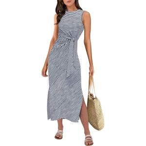 imageANRABESS Womens Summer Casual Sleeveless T Shirt Midi Dress Slim Fit Tie Waist Split Tank Long Dresses 2025 Vacation SundressStriped Navy Blue