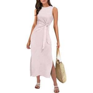 imageANRABESS Womens Summer Casual Sleeveless T Shirt Midi Dress Slim Fit Tie Waist Split Tank Long Dresses 2025 Vacation SundressStriped Pink