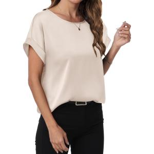 imageANRABESS Womens Summer Dressy Casual Short Sleeve Shirts Crewneck Silk Satin Business Office Work Blouse TopsAlmond