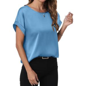 imageANRABESS Womens Summer Dressy Casual Short Sleeve Shirts Crewneck Silk Satin Business Office Work Blouse TopsBlue