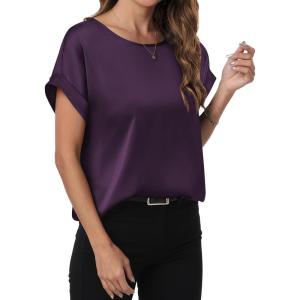 imageANRABESS Womens Summer Dressy Casual Short Sleeve Shirts Crewneck Silk Satin Business Office Work Blouse TopsDark Purple