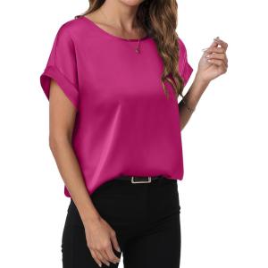 imageANRABESS Womens Summer Dressy Casual Short Sleeve Shirts Crewneck Silk Satin Business Office Work Blouse TopsHot Pink