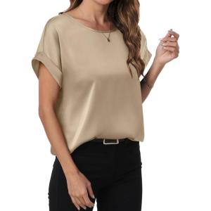 imageANRABESS Womens Summer Dressy Casual Short Sleeve Shirts Crewneck Silk Satin Business Office Work Blouse TopsKhaki
