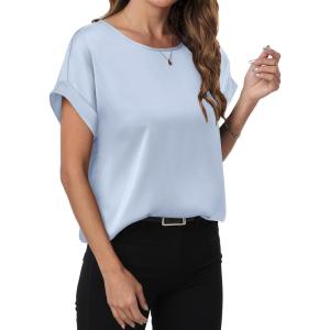 imageANRABESS Womens Summer Dressy Casual Short Sleeve Shirts Crewneck Silk Satin Business Office Work Blouse TopsLight Blue