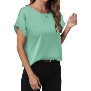 imageANRABESS Womens Summer Dressy Casual Short Sleeve Shirts Crewneck Silk Satin Business Office Work Blouse TopsLight Green