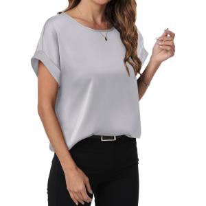 imageANRABESS Womens Summer Dressy Casual Short Sleeve Shirts Crewneck Silk Satin Business Office Work Blouse TopsLight Grey