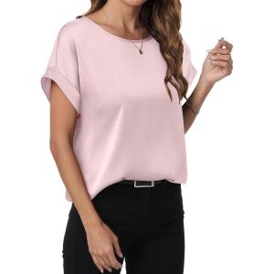 imageANRABESS Womens Summer Dressy Casual Short Sleeve Shirts Crewneck Silk Satin Business Office Work Blouse TopsPink