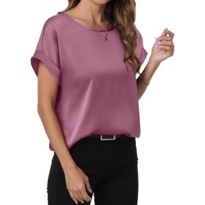 imageANRABESS Womens Summer Dressy Casual Short Sleeve Shirts Crewneck Silk Satin Business Office Work Blouse TopsPink Purple