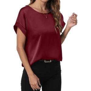 imageANRABESS Womens Summer Dressy Casual Short Sleeve Shirts Crewneck Silk Satin Business Office Work Blouse TopsWine Red