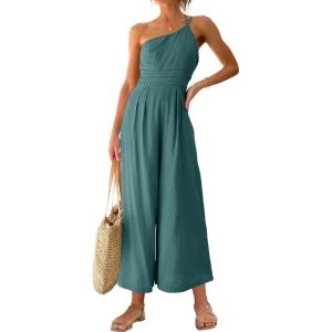 imageANRABESS Womens Summer Straps One Shoulder High Waist Dressy Casual Wide Leg Linen Jumpsuit Romper Beach Travel OutfitsBlue