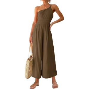 imageANRABESS Womens Summer Straps One Shoulder High Waist Dressy Casual Wide Leg Linen Jumpsuit Romper Beach Travel OutfitsBrown