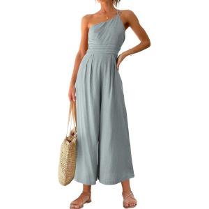 imageANRABESS Womens Summer Straps One Shoulder High Waist Dressy Casual Wide Leg Linen Jumpsuit Romper Beach Travel OutfitsGray
