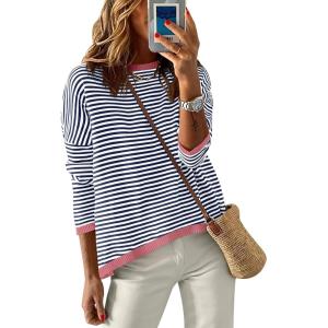 imageANRABESS Womens Sweaters Striped Color Block Long Sleeve Crewneck Casual Loose Knitted Pullover Shirts 2025 Fall Trendy TopsBlue White Pink