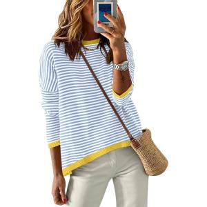 imageANRABESS Womens Sweaters Striped Color Block Long Sleeve Crewneck Casual Loose Knitted Pullover Shirts 2025 Fall Trendy TopsBlue White Yellow