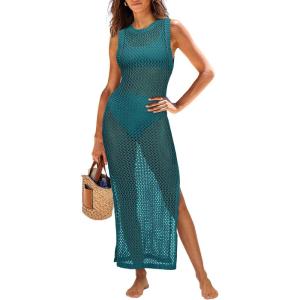 imageANRABESS Womens Swimsuit Cover Up Sleeveless Hollow Knit Bikini Swimwear Bathing Suit Coverup Crochet Beach DressCyan