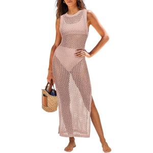imageANRABESS Womens Swimsuit Cover Up Sleeveless Hollow Knit Bikini Swimwear Bathing Suit Coverup Crochet Beach DressPink