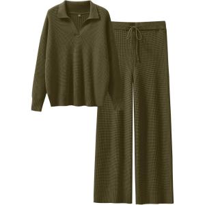 imageANRABESS Womens Two Piece Outfits Sweater Sets Waffle Knit Pullover Wide Leg Pants Tracksuit Sweatsuits Matching Lounge SetArmy Green