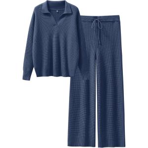 imageANRABESS Womens Two Piece Outfits Sweater Sets Waffle Knit Pullover Wide Leg Pants Tracksuit Sweatsuits Matching Lounge SetDeep Blue