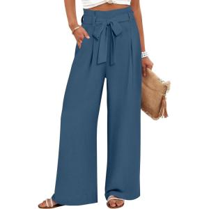 imageANRABESS Womens Wide Leg Palazzo Pants Belted High Waisted Business Casual Flowy Long Trousers with PocketsDeep Bule