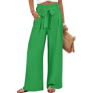 imageANRABESS Womens Wide Leg Palazzo Pants Belted High Waisted Business Casual Flowy Long Trousers with PocketsGreen