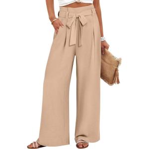 imageANRABESS Womens Wide Leg Palazzo Pants Belted High Waisted Business Casual Flowy Long Trousers with PocketsKhaki