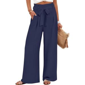 imageANRABESS Womens Wide Leg Palazzo Pants Belted High Waisted Business Casual Flowy Long Trousers with PocketsNavy Blue