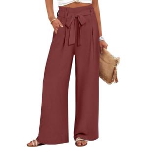 imageANRABESS Womens Wide Leg Palazzo Pants Belted High Waisted Business Casual Flowy Long Trousers with PocketsRed