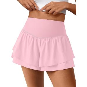 imageANRABESS Womens Workout Running Shorts 2 in 1 Flowy High Waisted Athletic Loose Short 2025 Cute Tennis Skorts with a PocketPink